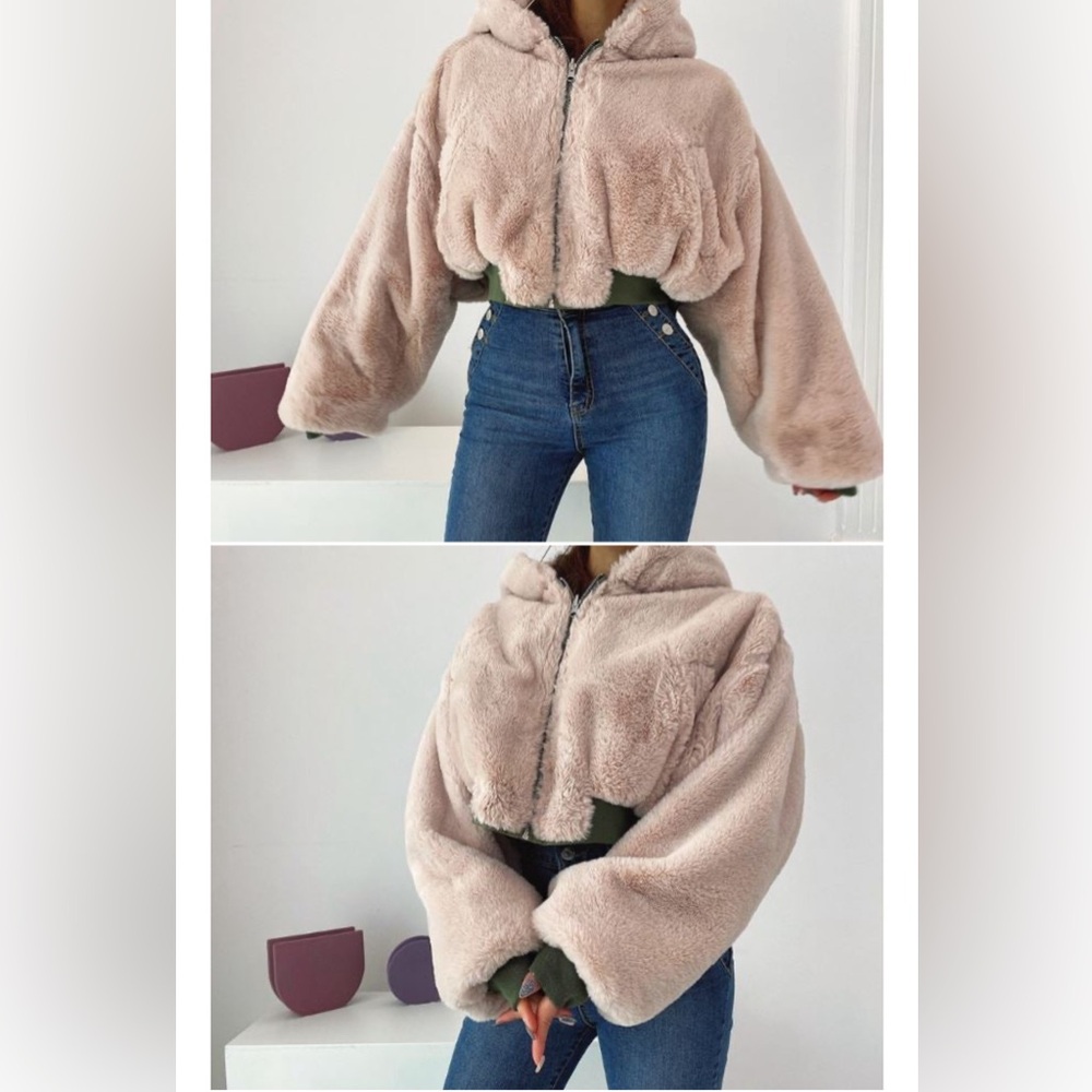 Reversible olive green/brown fur crop jacket